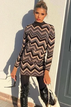 Rebellious Fashion Brown Aztec Print Knit Dress - Gira