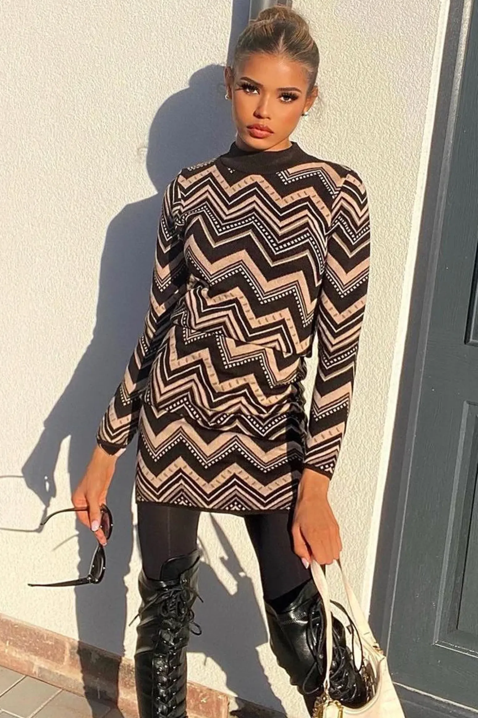 Rebellious Fashion Brown Aztec Print Knit Dress - Gira