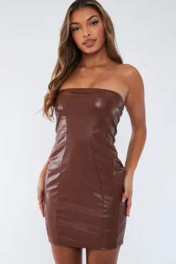 Rebellious Fashion Brown corset seam PU mini dress - Kyla
