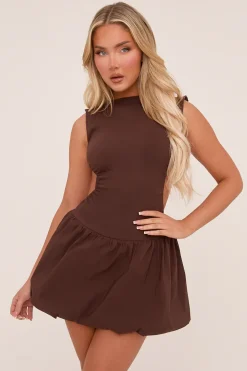 Rebellious Fashion Brown Cut Out Side Puffball Mini Dress - Gabrielle