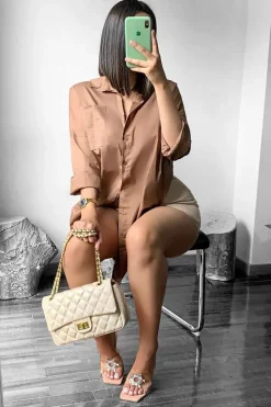 Rebellious Fashion Brown Dipped Hem Oversized Shirt Dress - Nicola