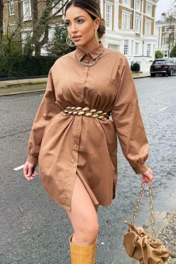 Rebellious Fashion Brown Dipped Hem Oversized Shirt Dress - Nicola