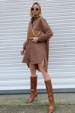 Rebellious Fashion Brown Dipped Hem Oversized Shirt Dress - Nicola