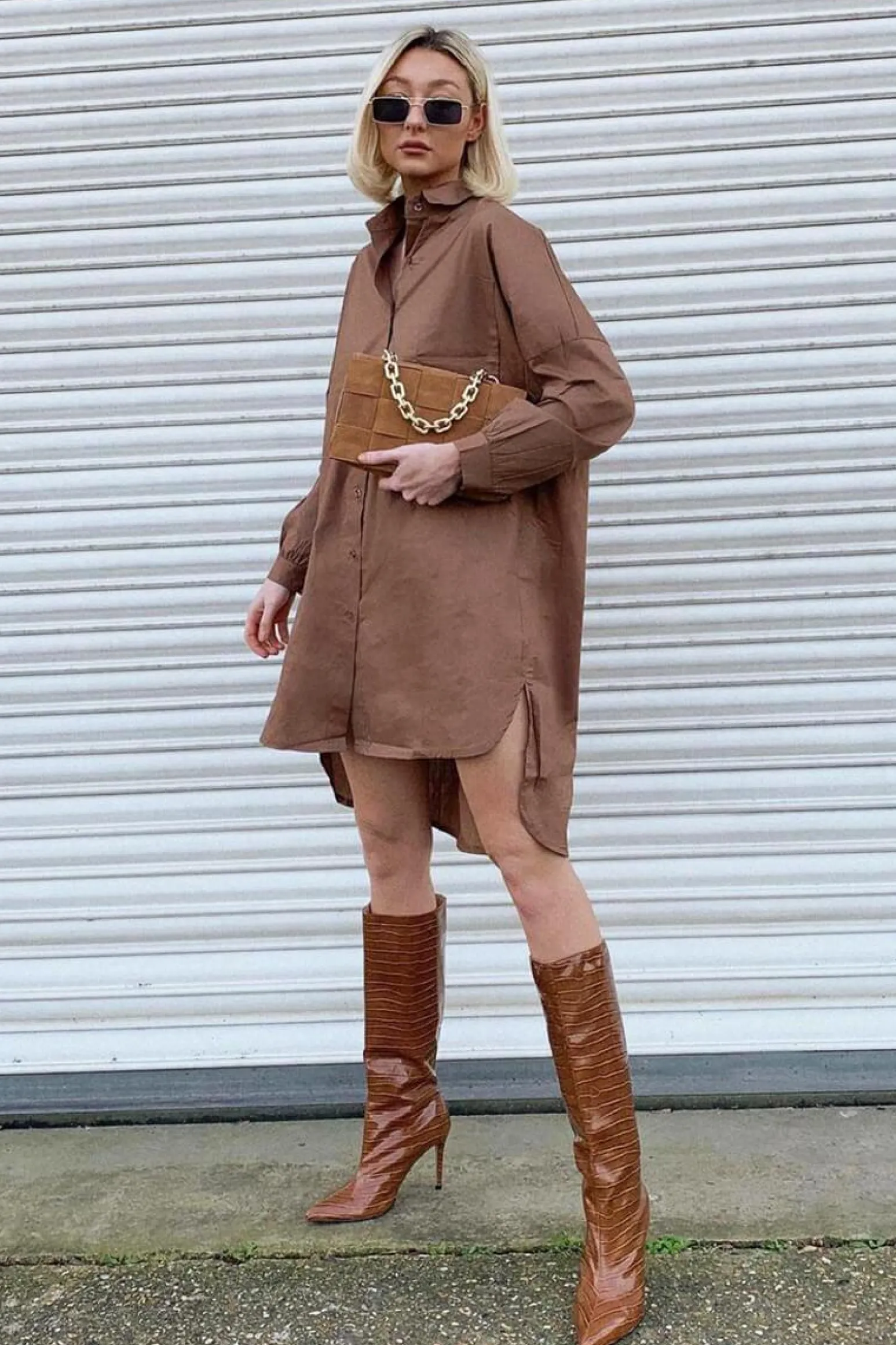 Rebellious Fashion Brown Dipped Hem Oversized Shirt Dress - Nicola