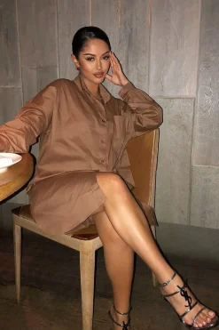 Rebellious Fashion Brown Dipped Hem Oversized Shirt Dress - Nicola