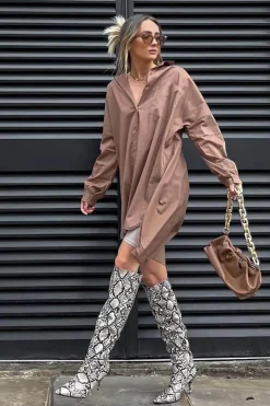 Rebellious Fashion Brown Dipped Hem Oversized Shirt Dress - Nicola