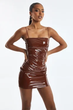 Rebellious Fashion Brown Faux Leather Bodycon Mini Dress - June