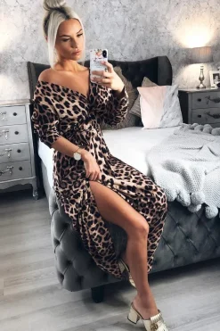 Rebellious Fashion Brown Leopard Print Plunge Belted Maxi Dress - Abela