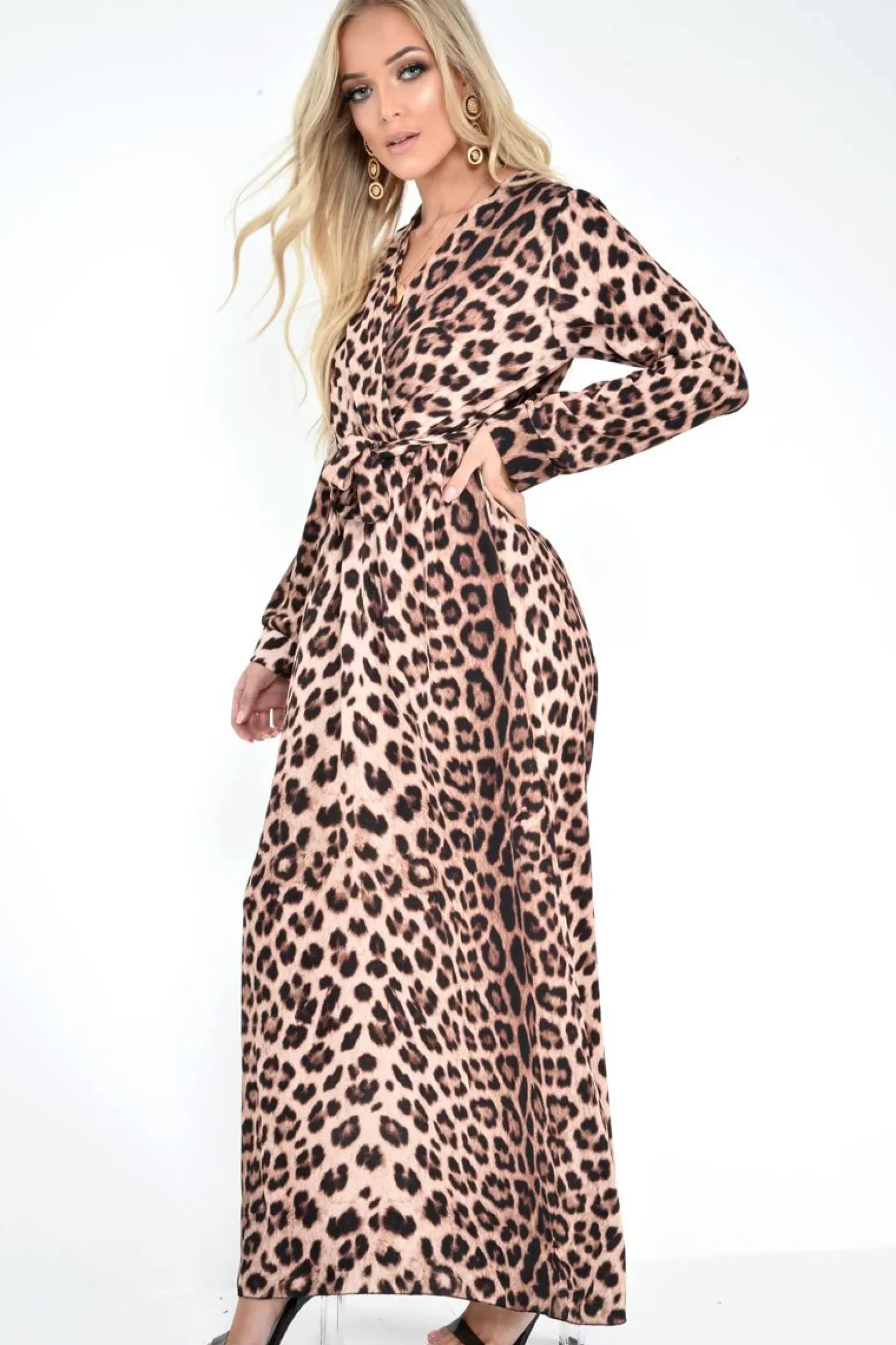 Rebellious Fashion Brown Leopard Print Plunge Belted Maxi Dress - Abela