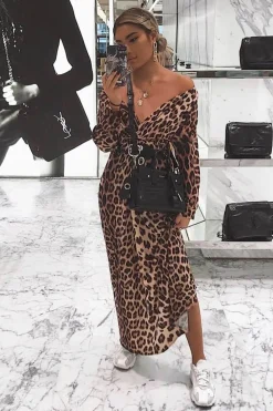 Rebellious Fashion Brown Leopard Print Plunge Belted Maxi Dress - Abela