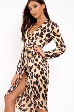 Rebellious Fashion Brown Leopard Print Satin Belted Wrap Midi Dress - Rosine