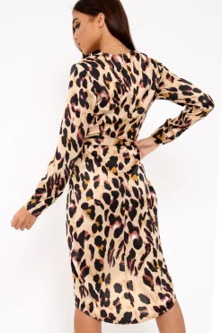 Rebellious Fashion Brown Leopard Print Satin Belted Wrap Midi Dress - Rosine