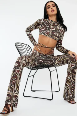 Rebellious Fashion Brown Marble Print Crop Top & Tie Waist Trouser Set - Stevii