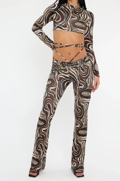 Rebellious Fashion Brown Marble Print Crop Top & Tie Waist Trouser Set - Stevii