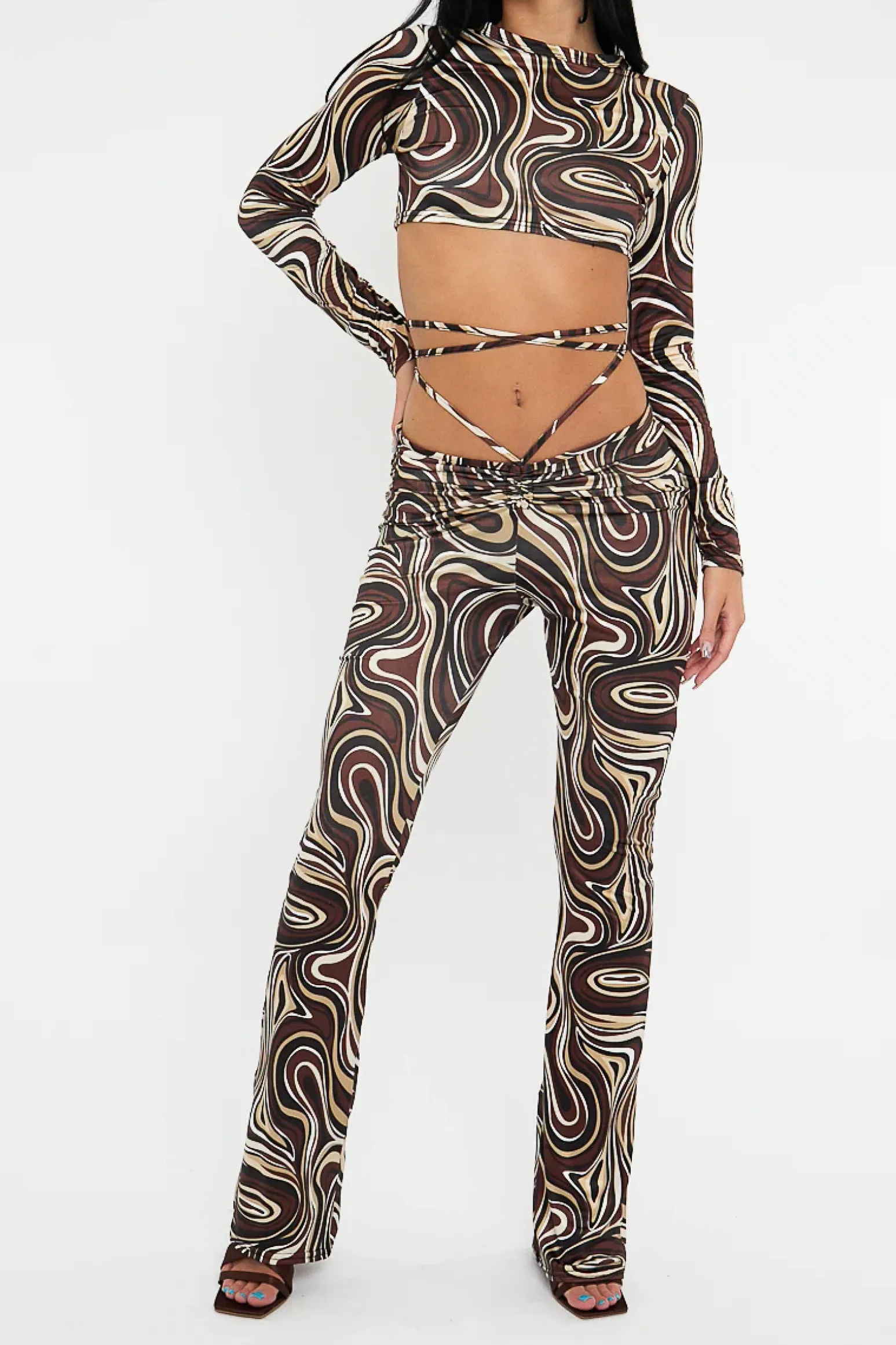 Rebellious Fashion Brown Marble Print Crop Top & Tie Waist Trouser Set - Stevii