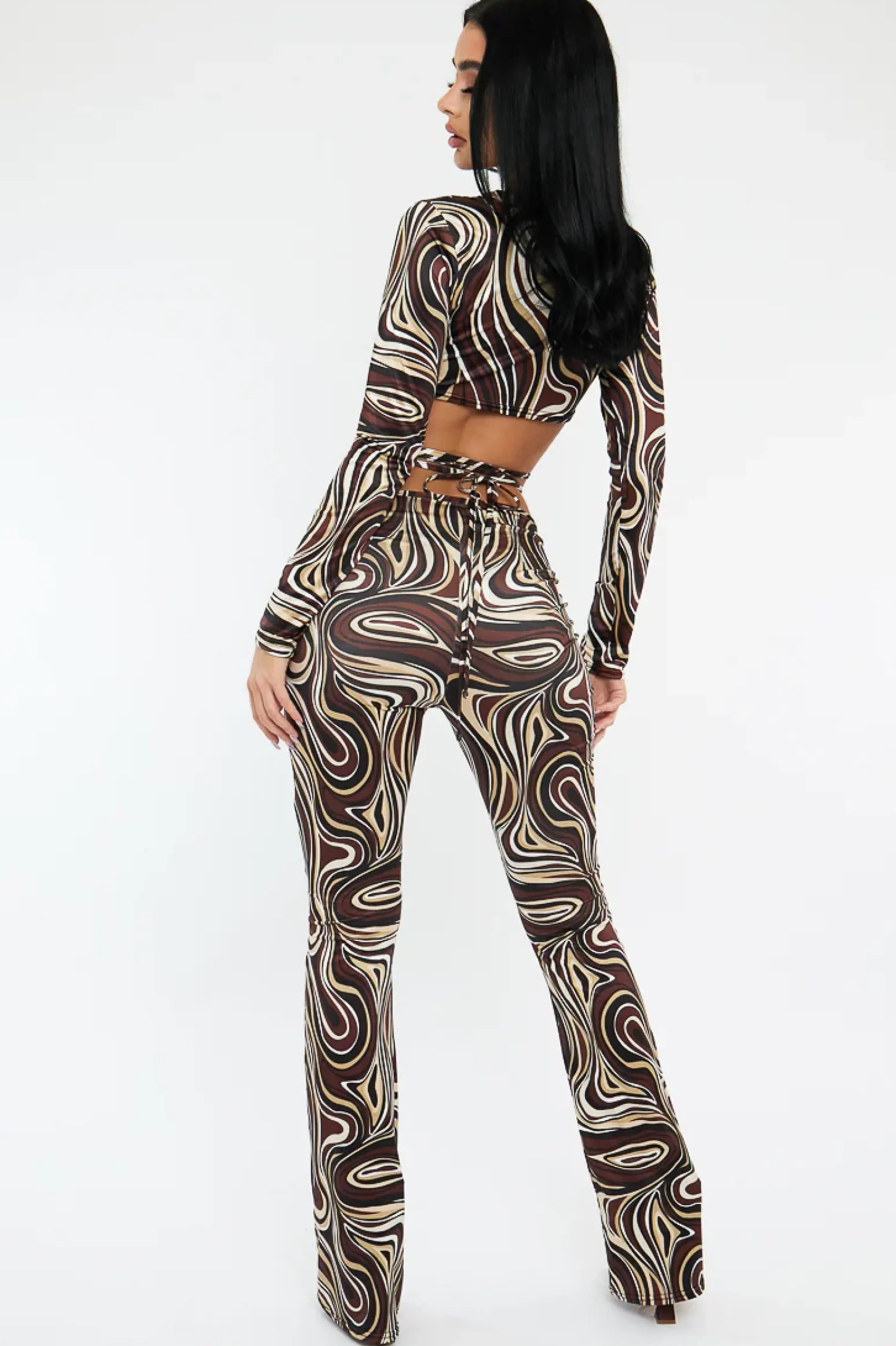 Rebellious Fashion Brown Marble Print Crop Top & Tie Waist Trouser Set - Stevii