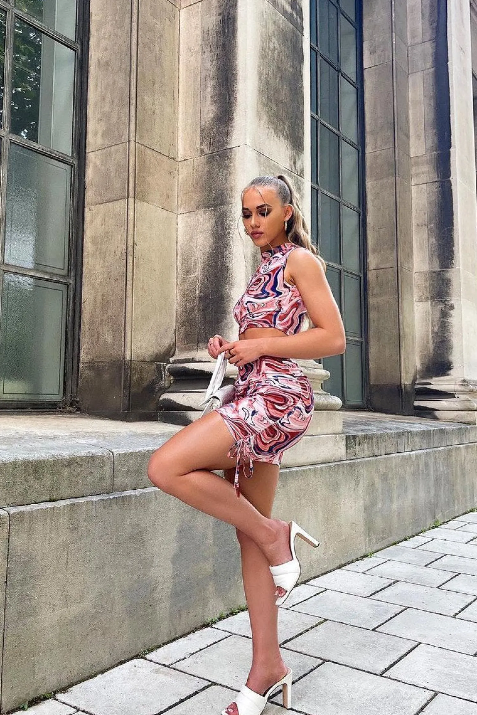Rebellious Fashion Brown Marble Print Crop Top & Side Ruched Skirt Set - Cole