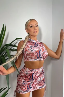 Rebellious Fashion Brown Marble Print Crop Top & Side Ruched Skirt Set - Cole