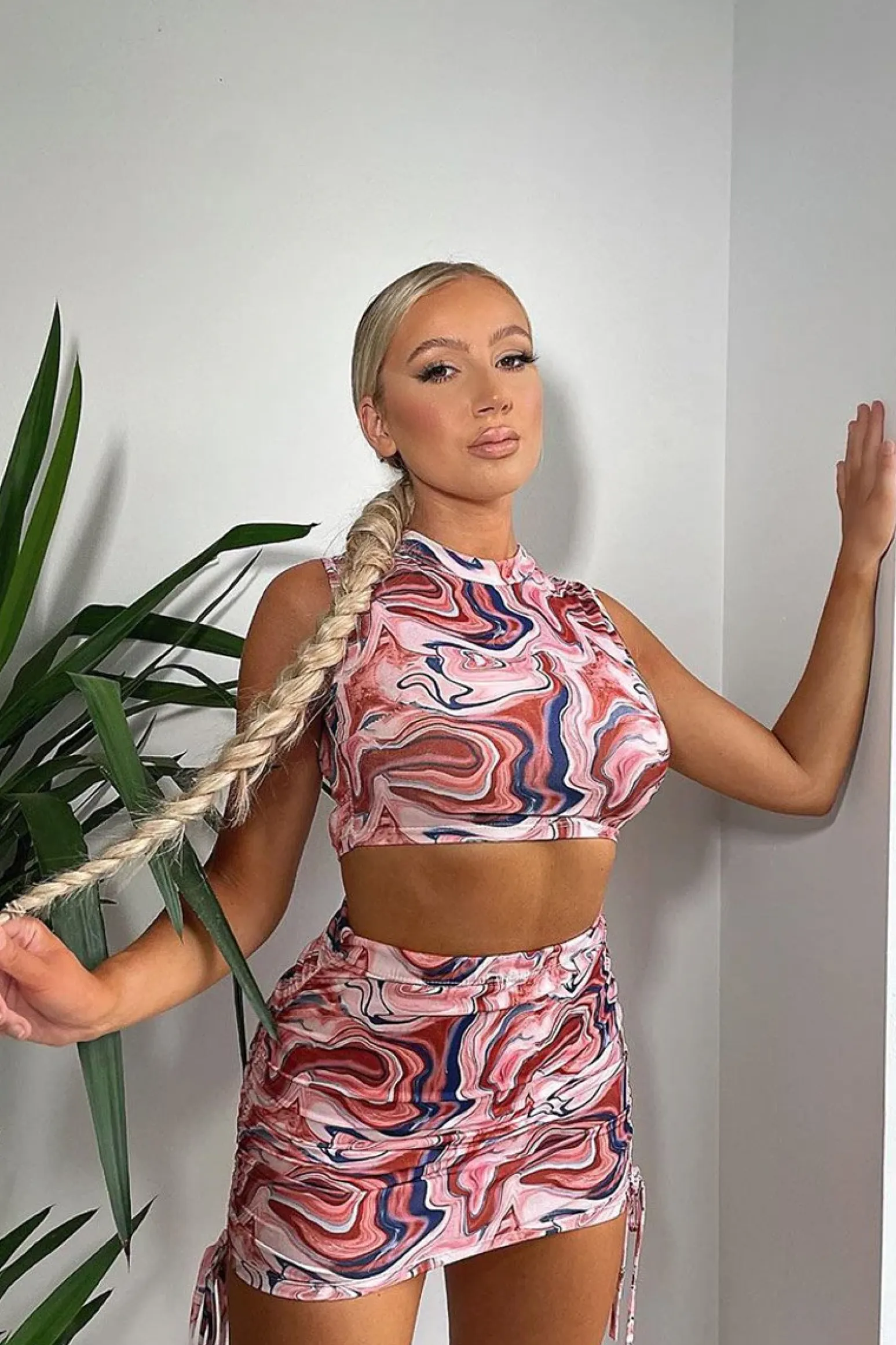 Rebellious Fashion Brown Marble Print Crop Top & Side Ruched Skirt Set - Cole