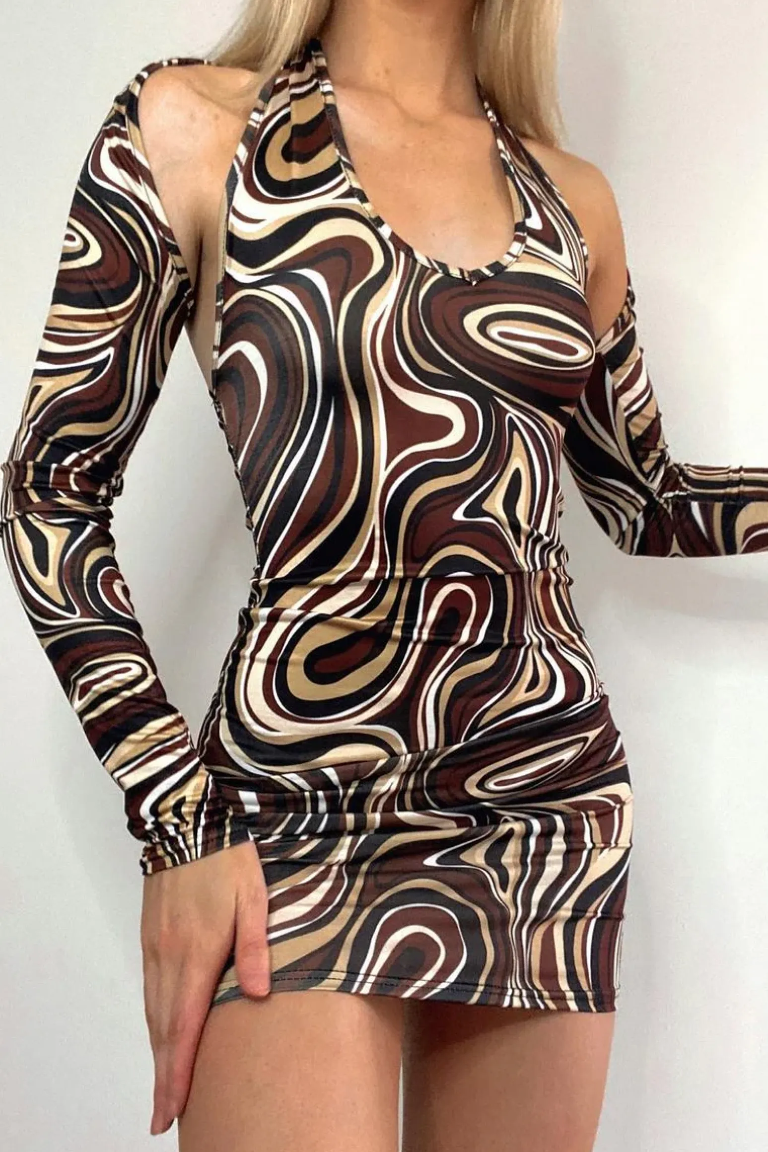 Rebellious Fashion Brown Marble Print Cut Out Long Sleeve Mini Dress - Dezlyn