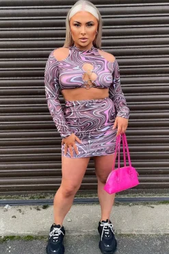 Rebellious Fashion Brown Marble Print Cut Out Crop Top & Mini Skirt - Louie