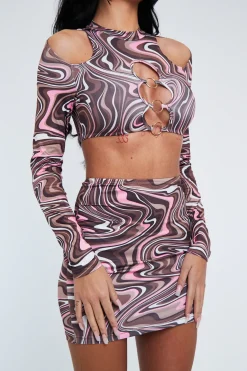 Rebellious Fashion Brown Marble Print Cut Out Crop Top & Mini Skirt - Louie
