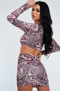 Rebellious Fashion Brown Marble Print Cut Out Crop Top & Mini Skirt - Louie