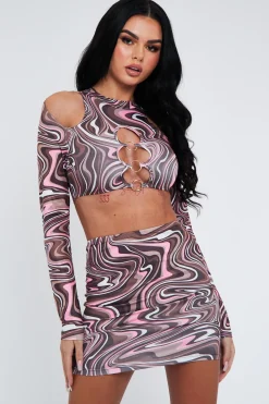 Rebellious Fashion Brown Marble Print Cut Out Crop Top & Mini Skirt - Louie