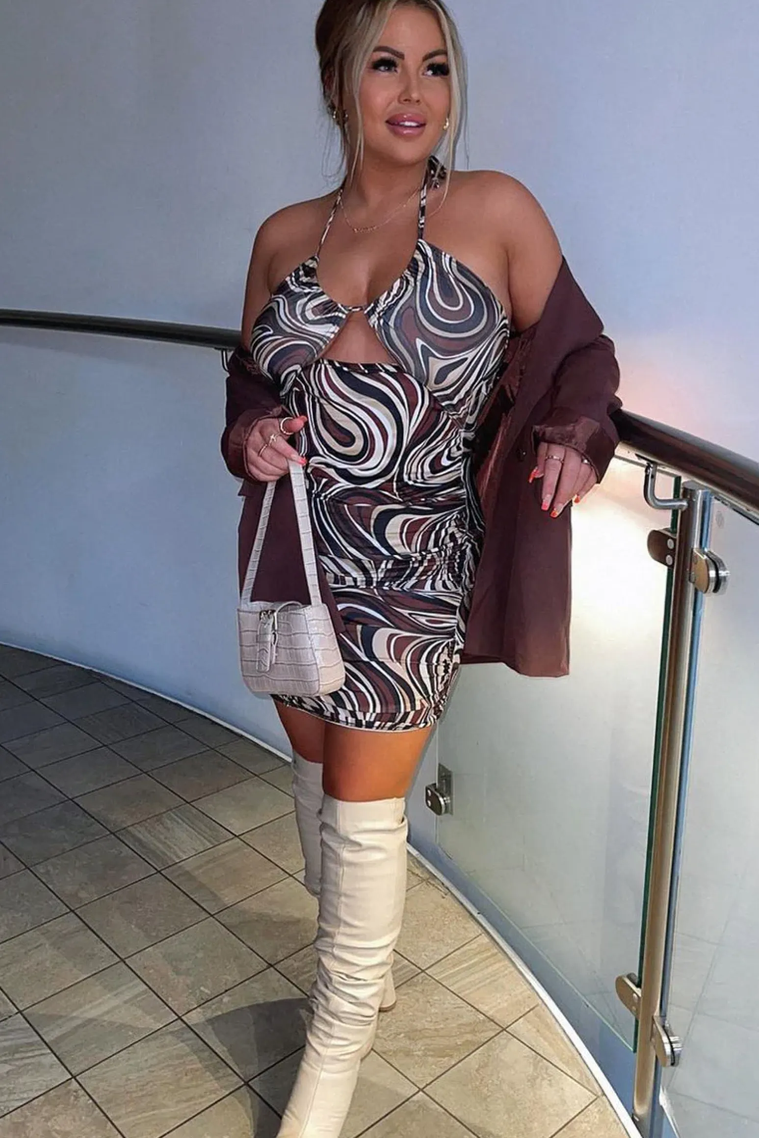Rebellious Fashion Brown Marble Print Cut Out Mini Dress - Kaydee