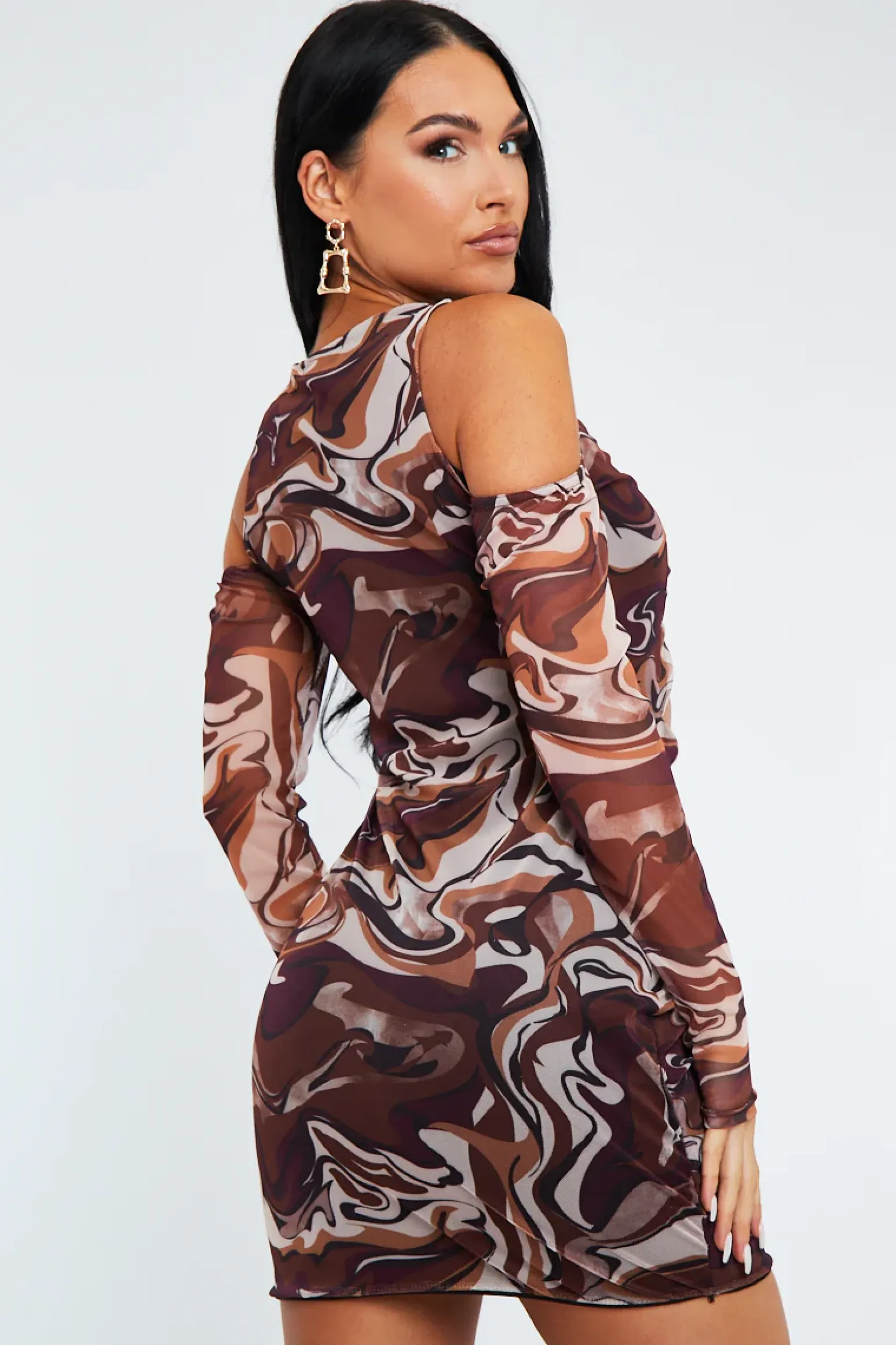 Rebellious Fashion Brown Marble Print Cut Out Mesh Mini Dress - Sienne