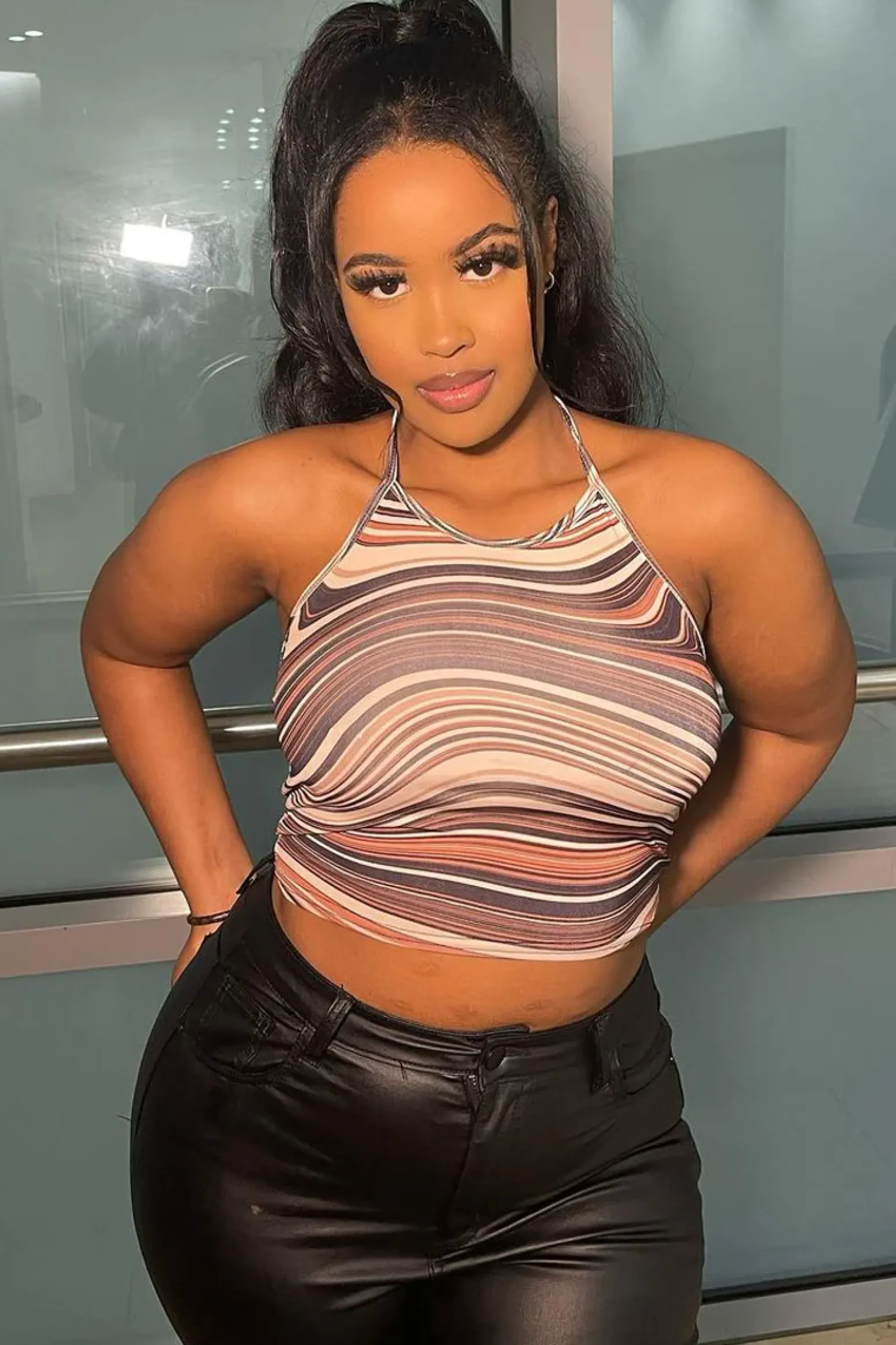 Rebellious Fashion Brown Marble Print Halterneck Crop Top - Ruxin