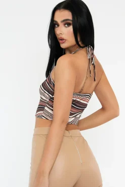 Rebellious Fashion Brown Marble Print Halterneck Crop Top - Ruxin