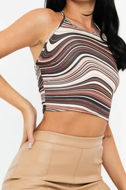 Rebellious Fashion Brown Marble Print Halterneck Crop Top - Ruxin