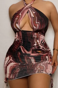 Rebellious Fashion Brown Marble Print Halter Neck Ruched Slinky Mini Dress - Mabell