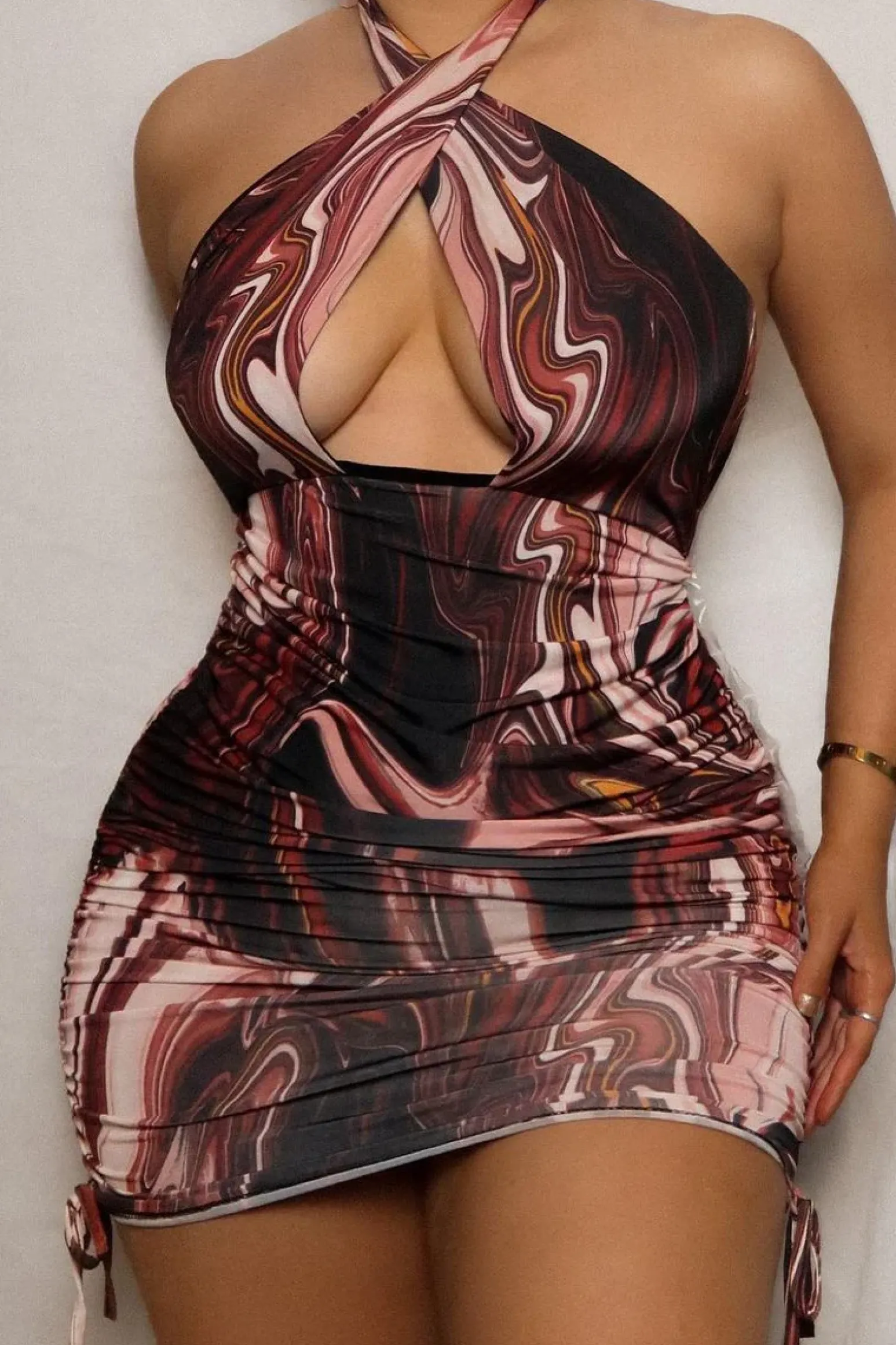 Rebellious Fashion Brown Marble Print Halter Neck Ruched Slinky Mini Dress - Mabell