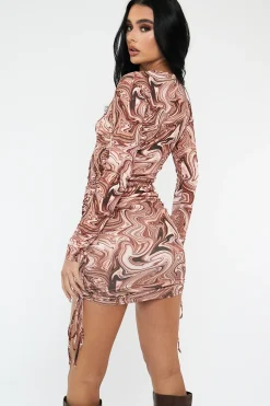Rebellious Fashion Brown Marble Print Long Sleeve Mini Dress - Adanna