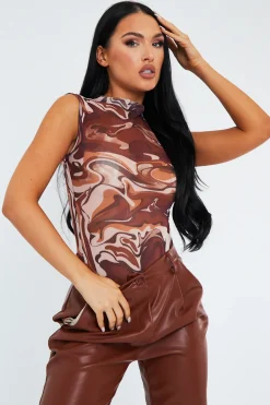 Rebellious Fashion Brown Marble Print Mesh High Neck Bodysuit - Rayanna