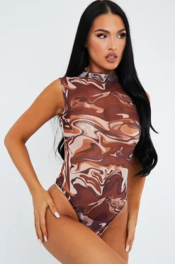 Rebellious Fashion Brown Marble Print Mesh High Neck Bodysuit - Rayanna