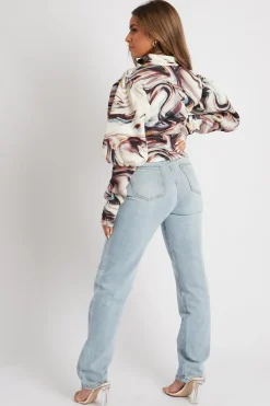 Rebellious Fashion Brown Marble Print Puff Shoulder Jacket - Keaton