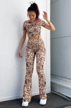Rebellious Fashion Brown Marble Print Ribbed Set - Mansi