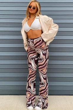 Rebellious Fashion Brown Marble Print Ribbed Flare Trousers - Davia