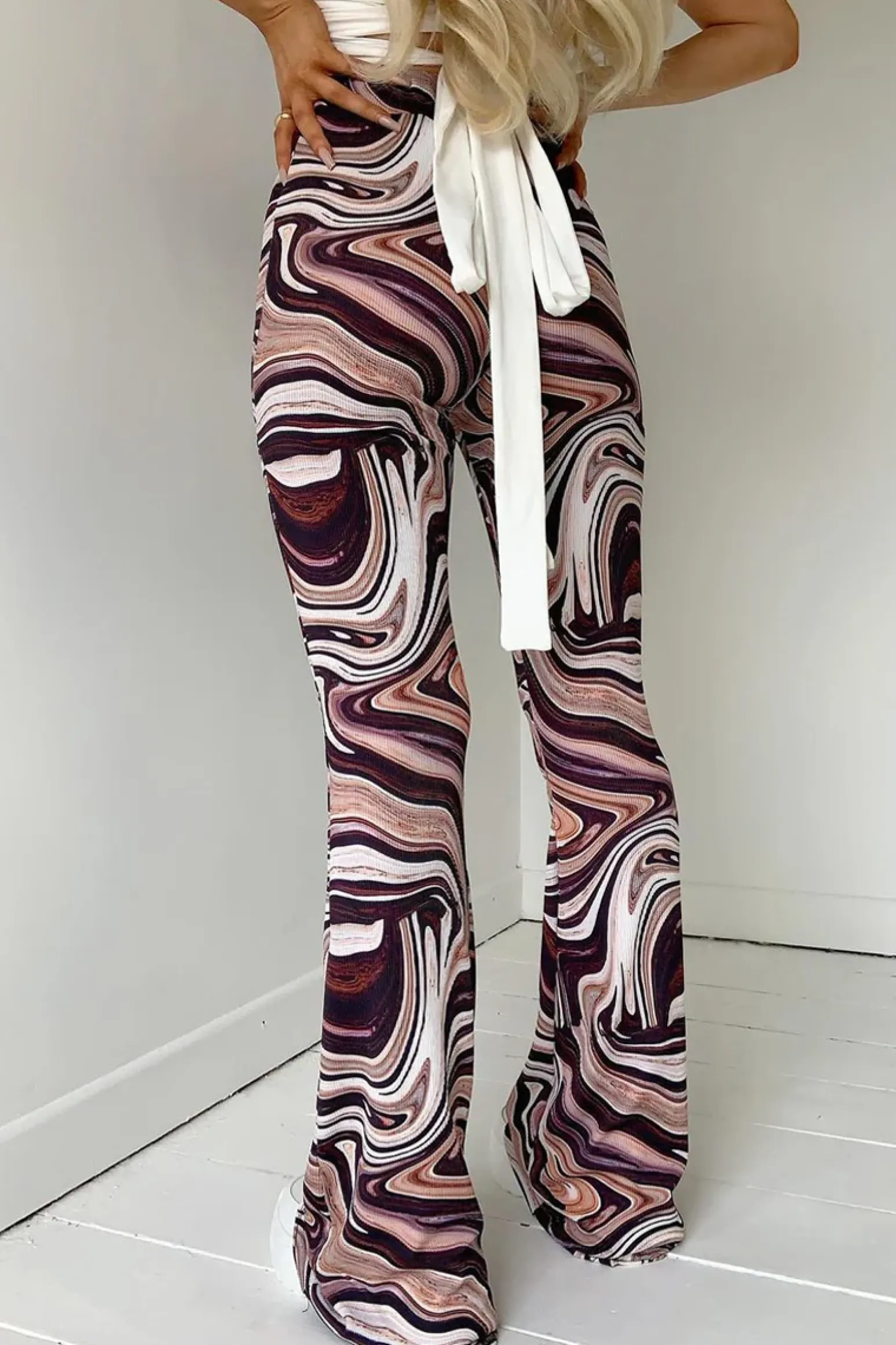 Rebellious Fashion Brown Marble Print Ribbed Flare Trousers - Davia