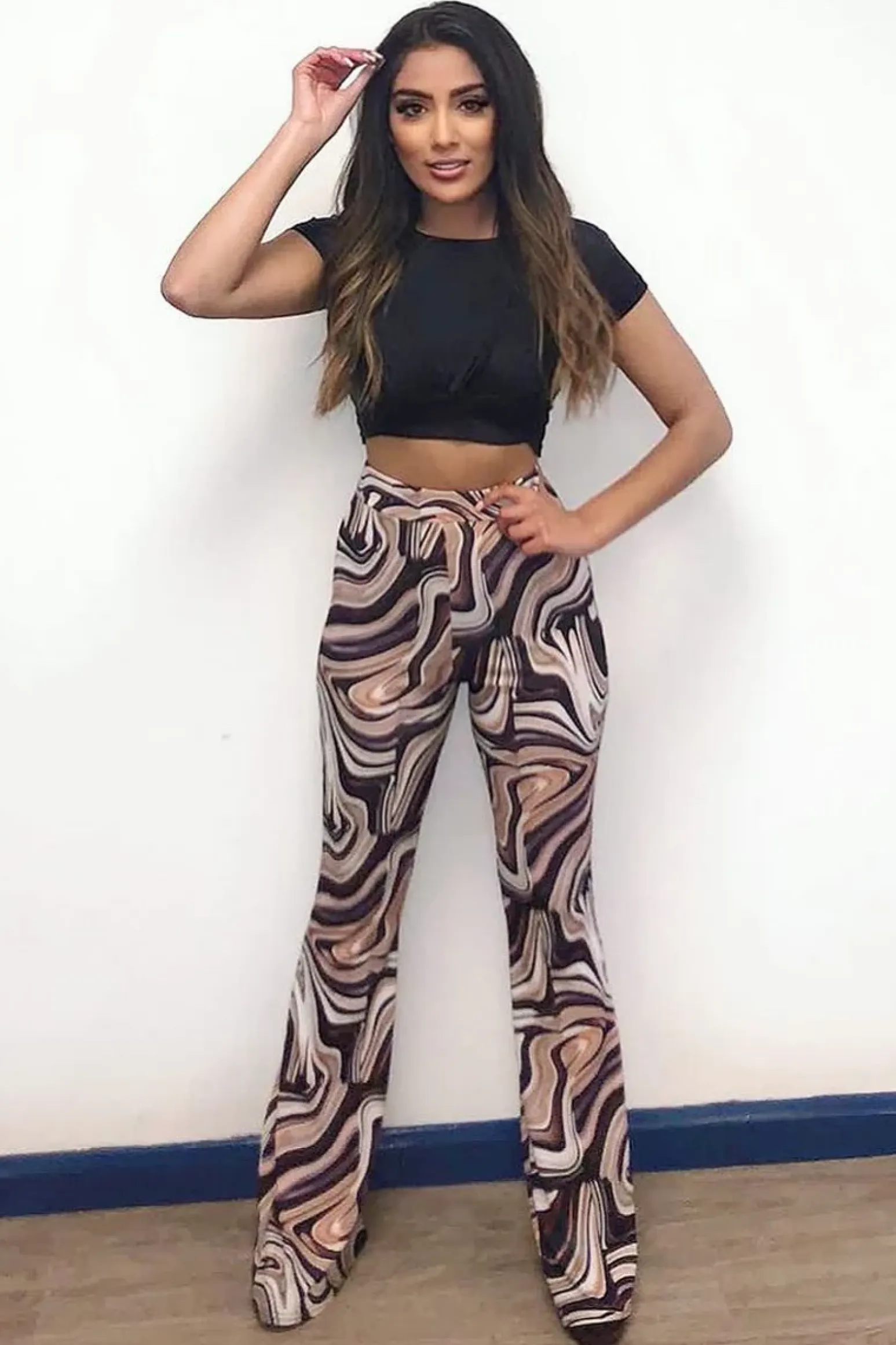 Rebellious Fashion Brown Marble Print Ribbed Flare Trousers - Davia