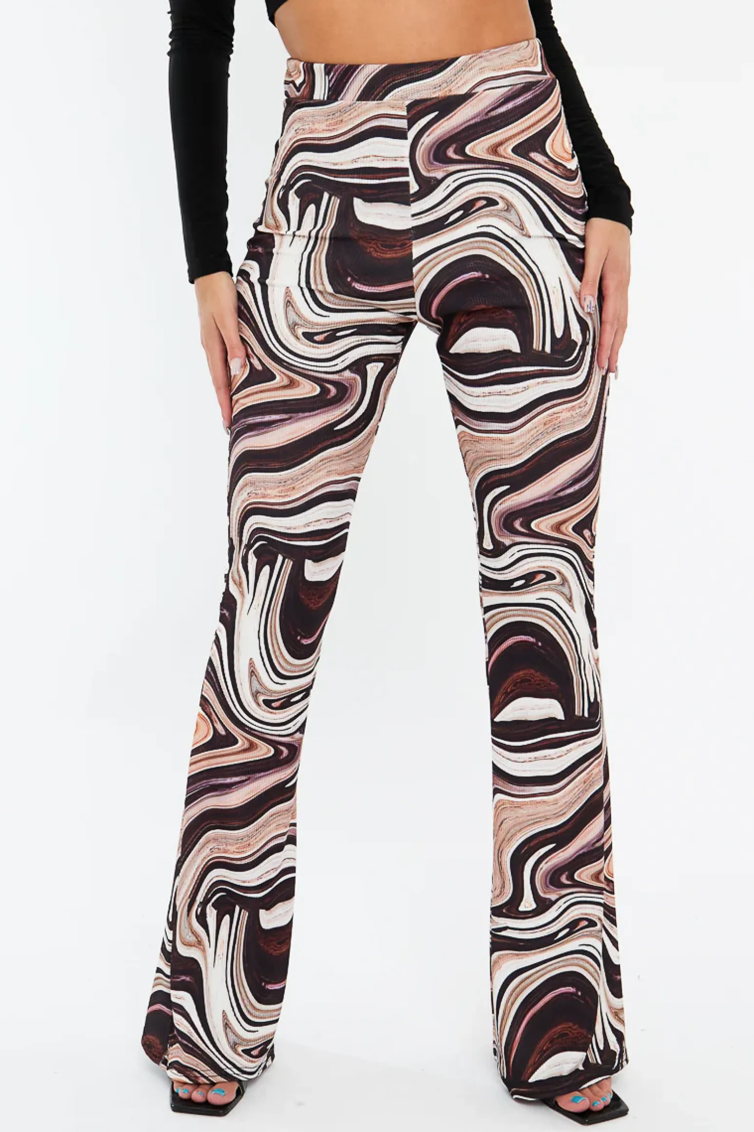 Rebellious Fashion Brown Marble Print Ribbed Flare Trousers - Davia