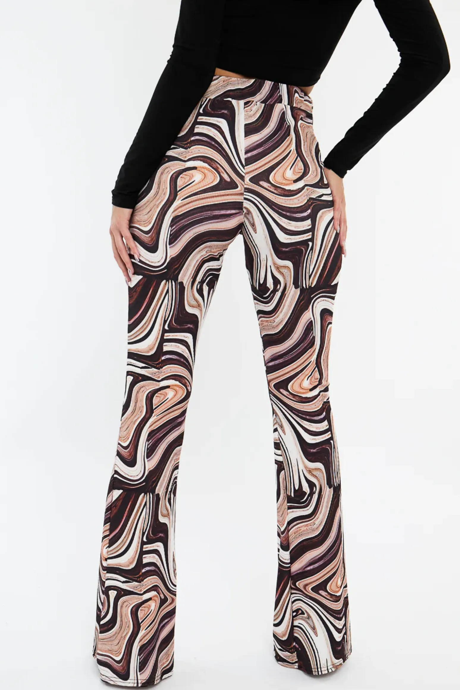 Rebellious Fashion Brown Marble Print Ribbed Flare Trousers - Davia
