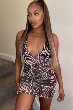 Rebellious Fashion Brown Marble Print Ring Back Mini Dress - Shyla