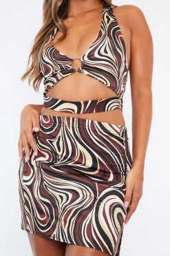 Rebellious Fashion Brown Marble Print Ring Detail Halter Neck Crop Top - Pixey