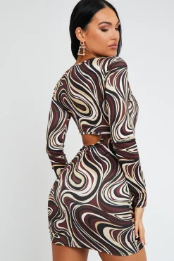 Rebellious Fashion Brown Marble Print Side Ruched Cut Out Mini Dress - Aniisa