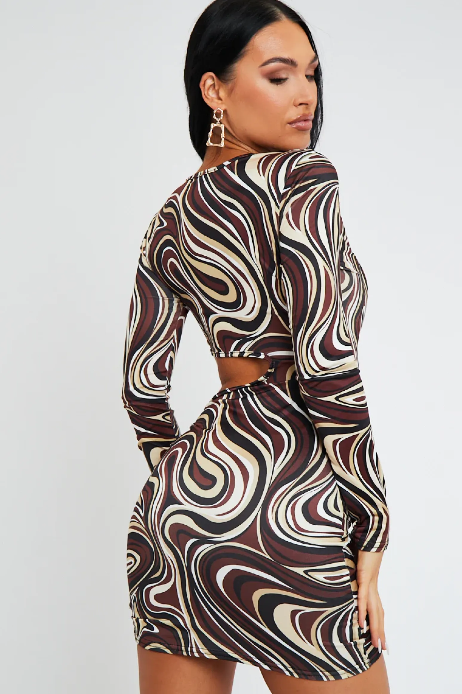 Rebellious Fashion Brown Marble Print Side Ruched Cut Out Mini Dress - Aniisa