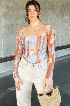 Rebellious Fashion Brown Marble Puff Sleeve Bodysuit - Deana